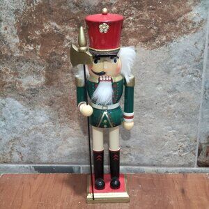 Wooden Nutcracker Soldier Figurine Holding Spear Scepter 12 in Tall